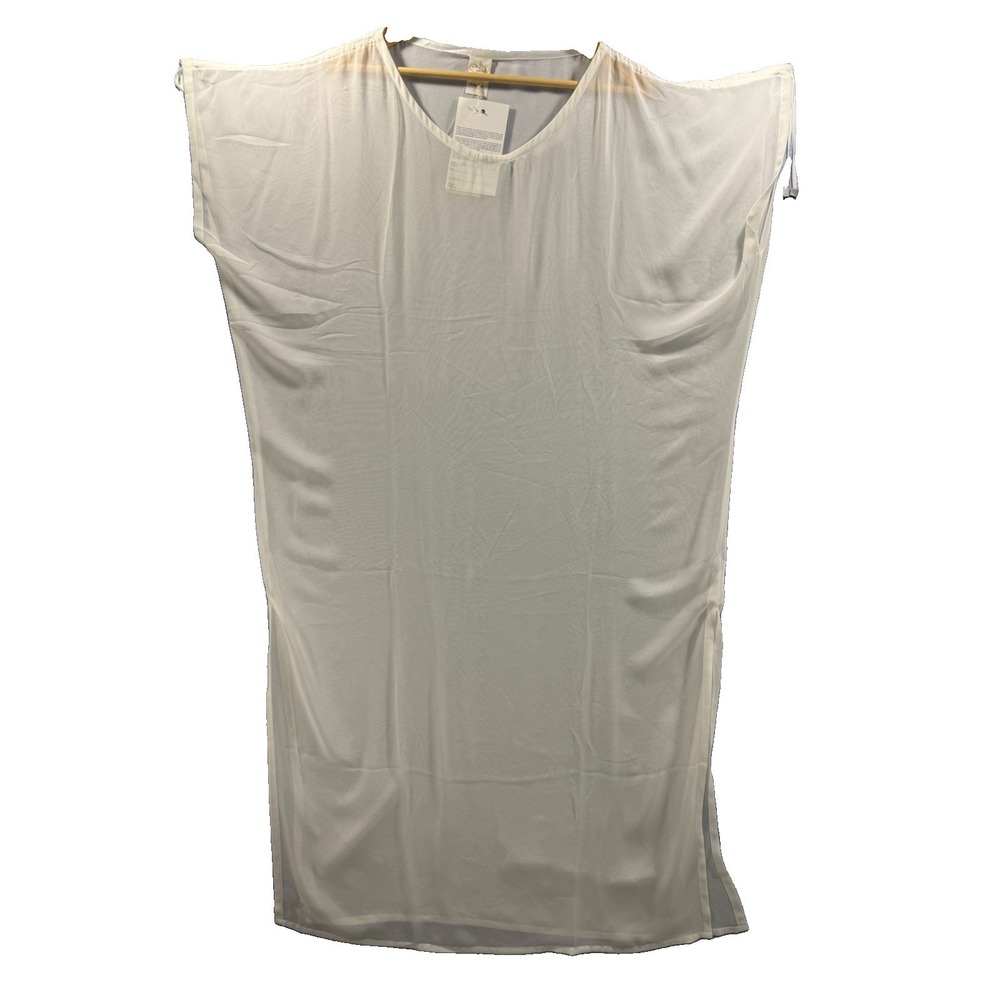 Gideon Oberson Ivory Sheer Kaftan Cover Up Dress OS Drawstring Shoulders NWT